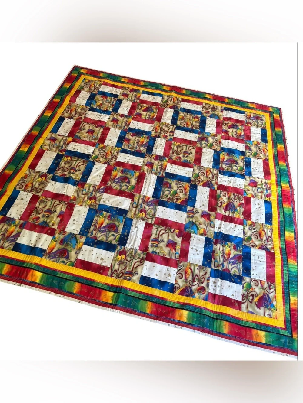 Handmade Laurel Burch Quilt - Patriotic Americana Patchwork Throw 58x58 Cabin